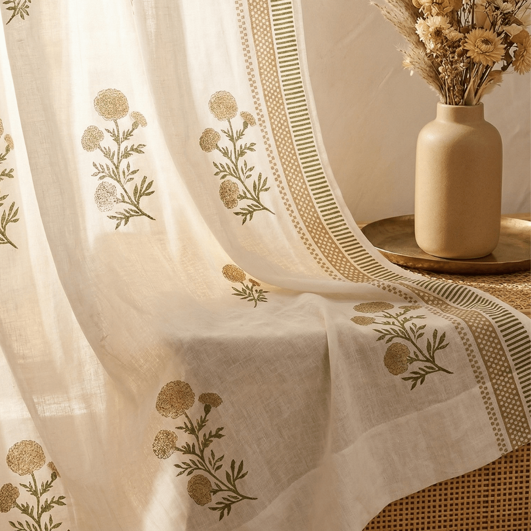 Pure Cotton Sheer Curtains in floral patterns in taupe and olive green colours, available in 5ft and 7ft in both set of 1 and 2
