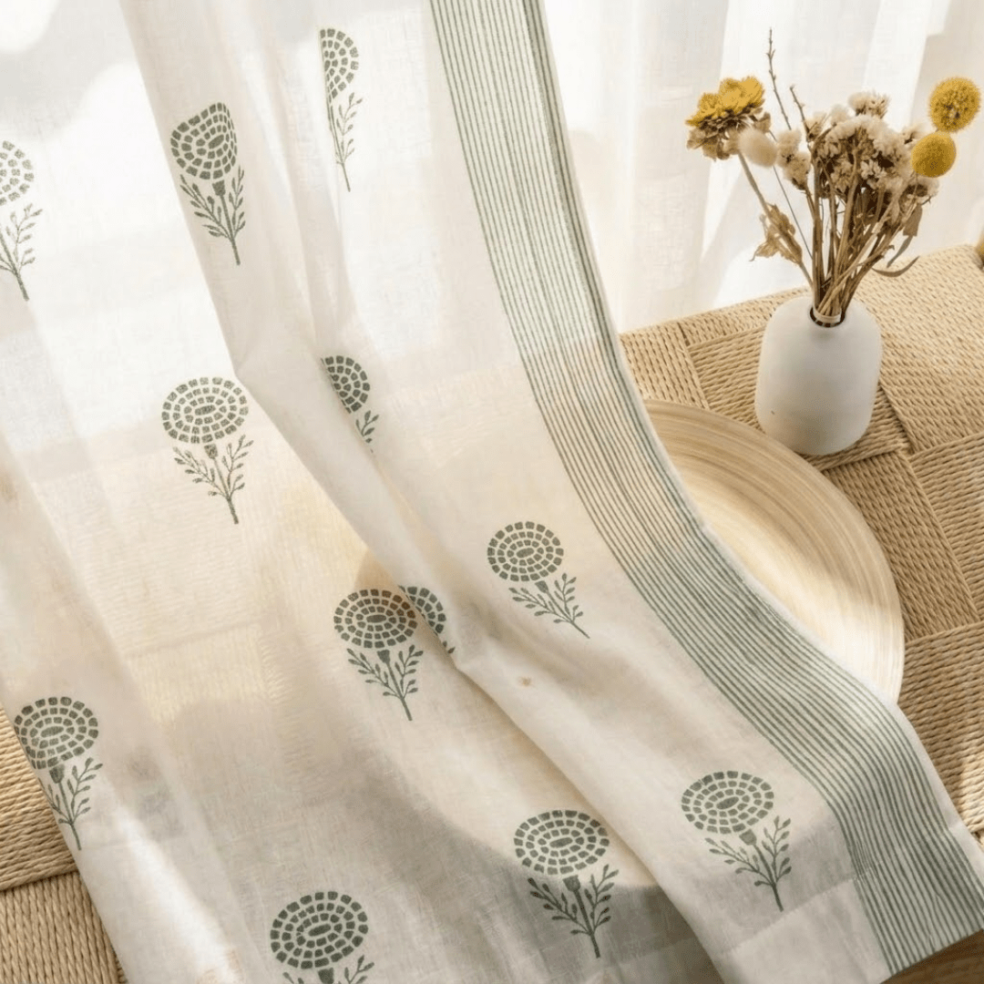 Pure Cotton Sheer Curtains in floral patterns in Teal, Green and Taupe, available in 5ft and 7ft