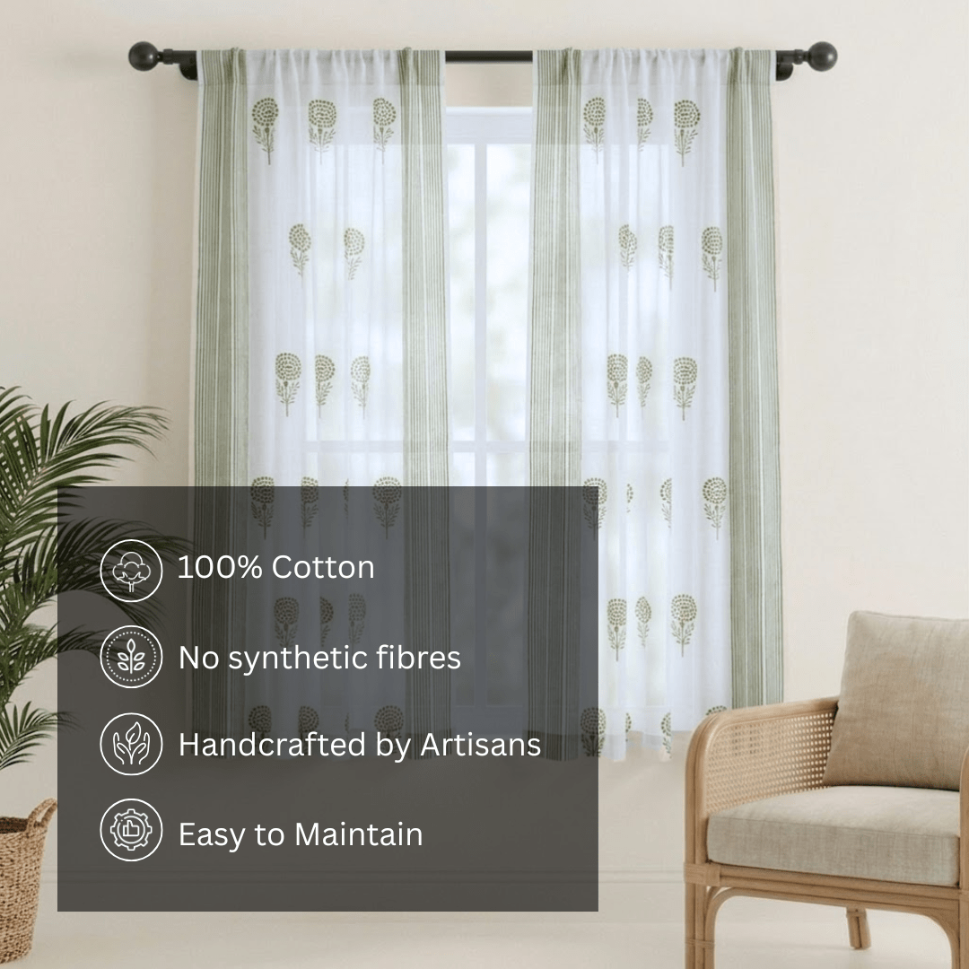 Pure Cotton Sheer Curtains in floral patterns in Teal, Green and Taupe, available in 5ft and 7ft