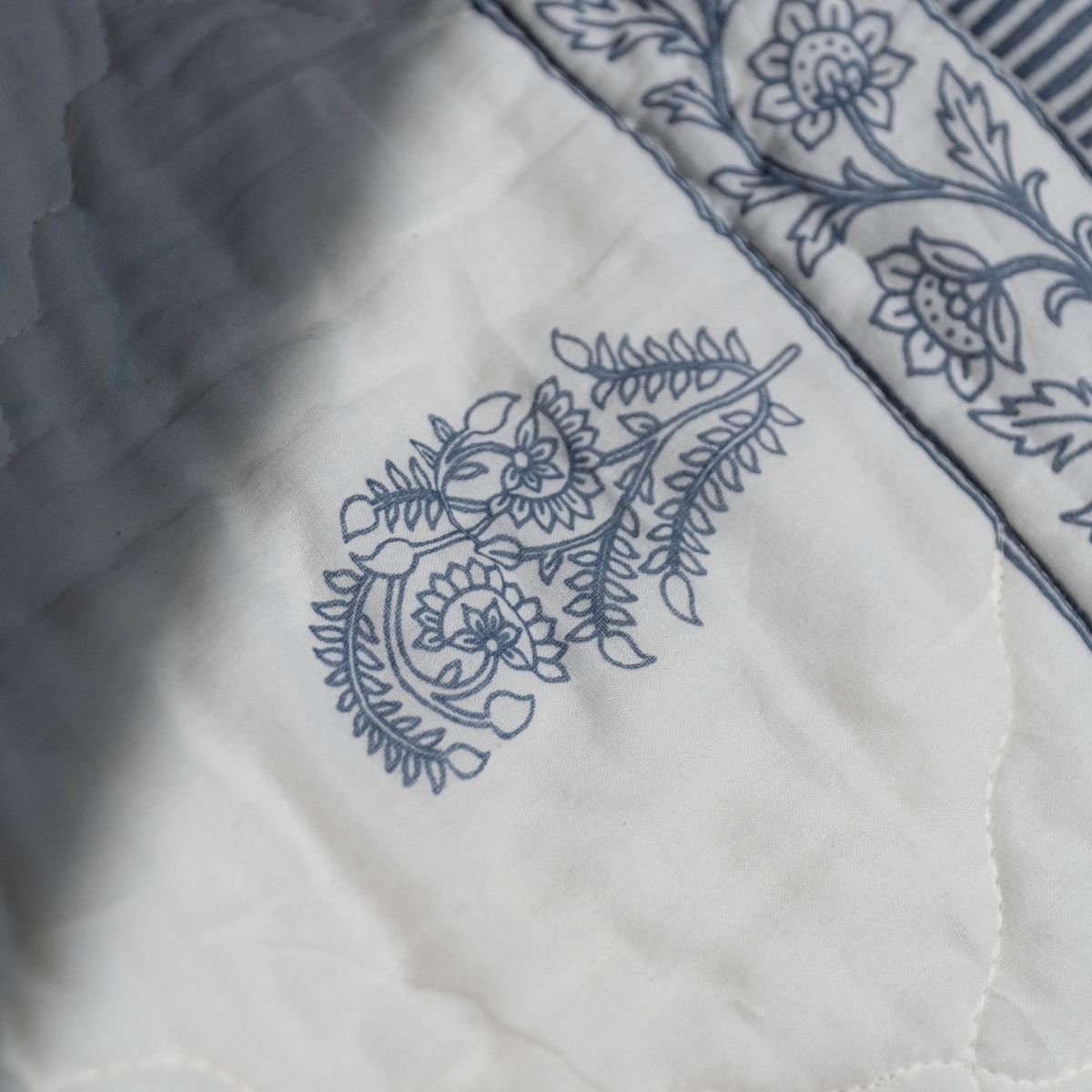 AC Comforter for Single Bed in 100% Cotton Mulmul Handprinted in Light Blue and Off white| Lightweight Soft and Breathable AC Blanket