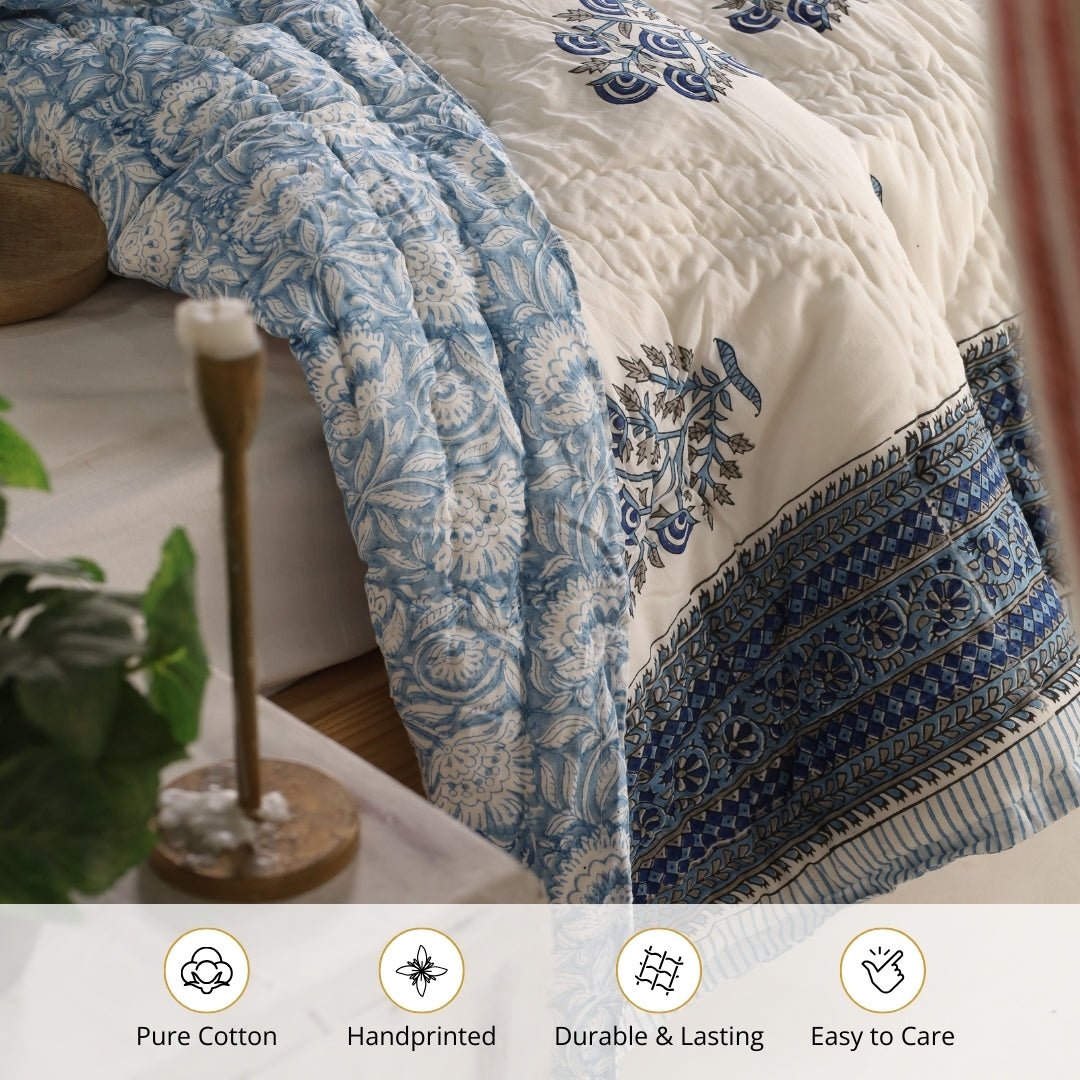 AC Comforter for Single Bed in 100% Cotton Mulmul Handprinted in Blue and White| Lightweight Soft and Breathable AC Blanket