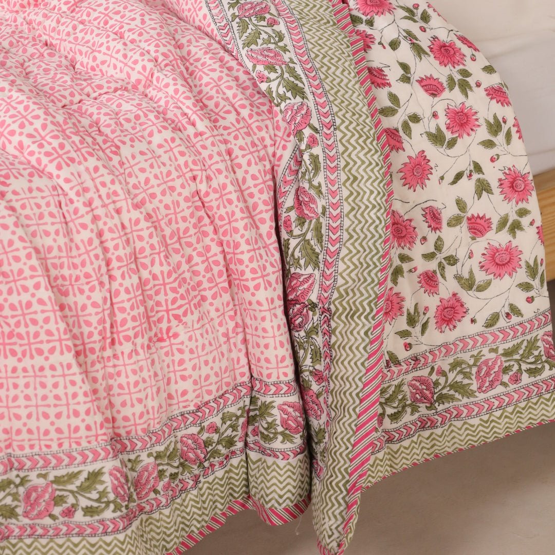 AC Comforter for Single Bed in 100% Cotton Mulmul Handprinted in White and Pink| Lightweight Soft and Breathable AC Blanket