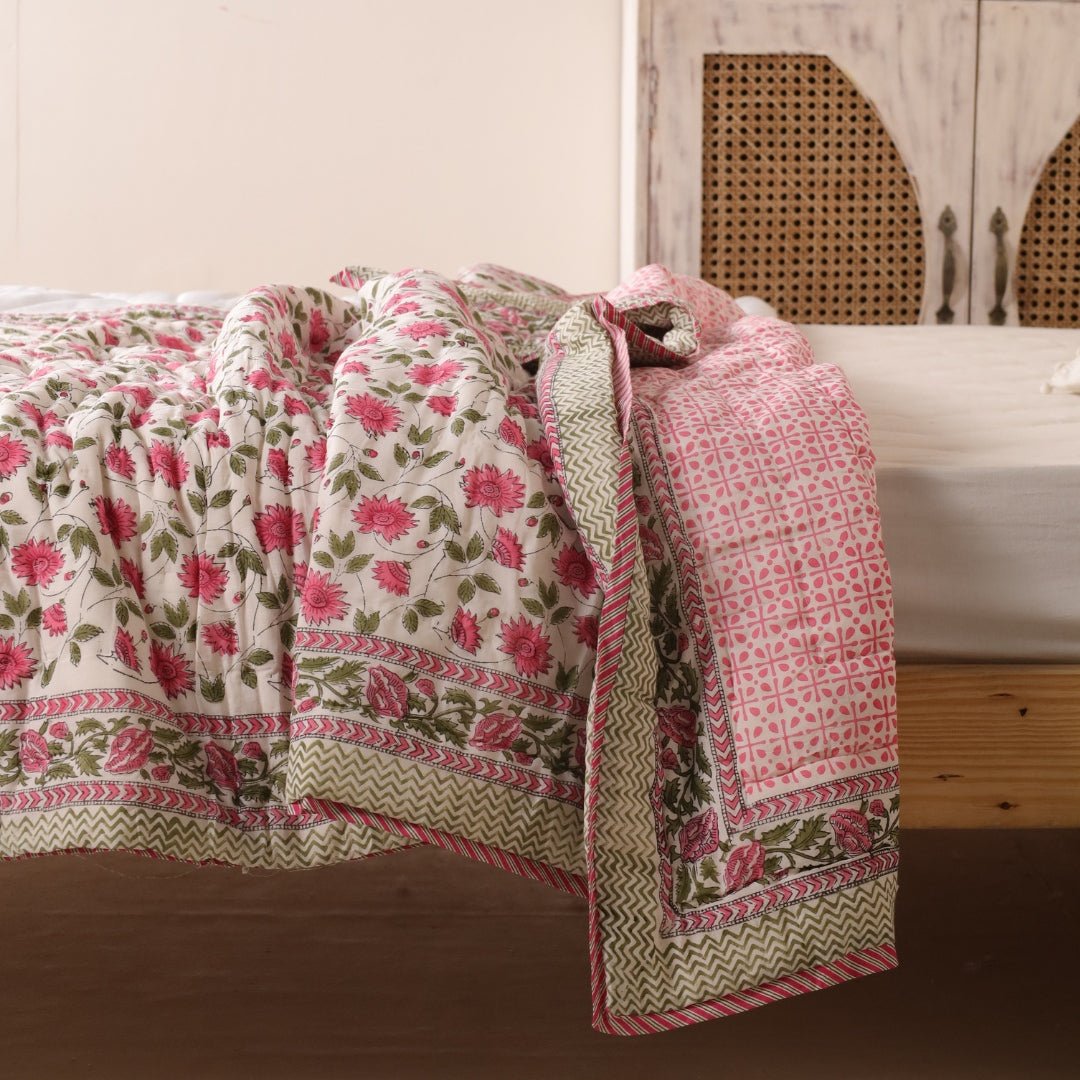 AC Comforter for Single Bed in 100% Cotton Mulmul Handprinted in White and Pink| Lightweight Soft and Breathable AC Blanket