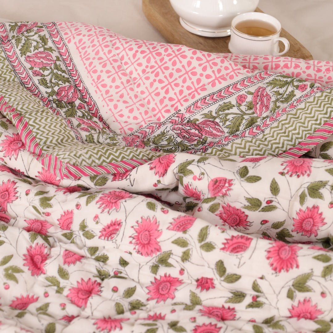 AC Comforter for Single Bed in 100% Cotton Mulmul Handprinted in White and Pink| Lightweight Soft and Breathable AC Blanket