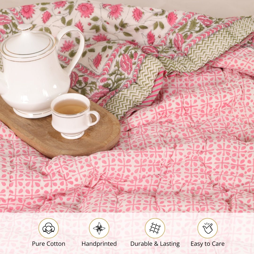 AC Comforter for Single Bed in 100% Cotton Mulmul Handprinted in White and Pink| Lightweight Soft and Breathable AC Blanket