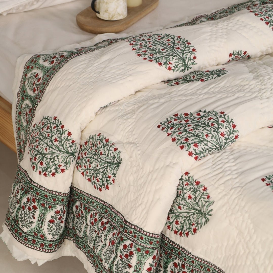 AC Comforter for Single Bed in 100% Cotton Mulmul Handprinted in White and Green Mughal Prints| Lightweight Soft and Breathable AC Blanket