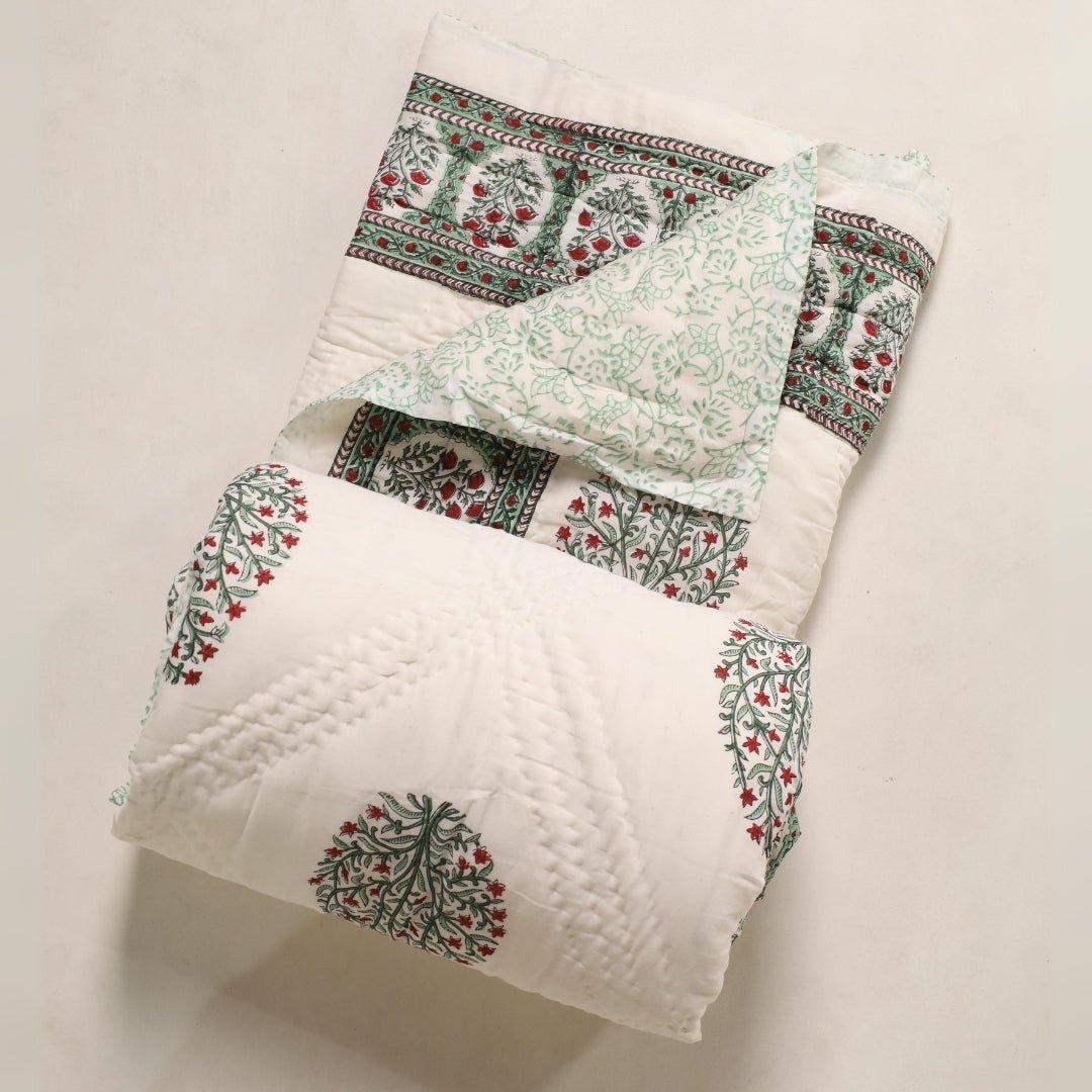 AC Comforter for Single Bed in 100% Cotton Mulmul Handprinted in White and Green Mughal Prints| Lightweight Soft and Breathable AC Blanket