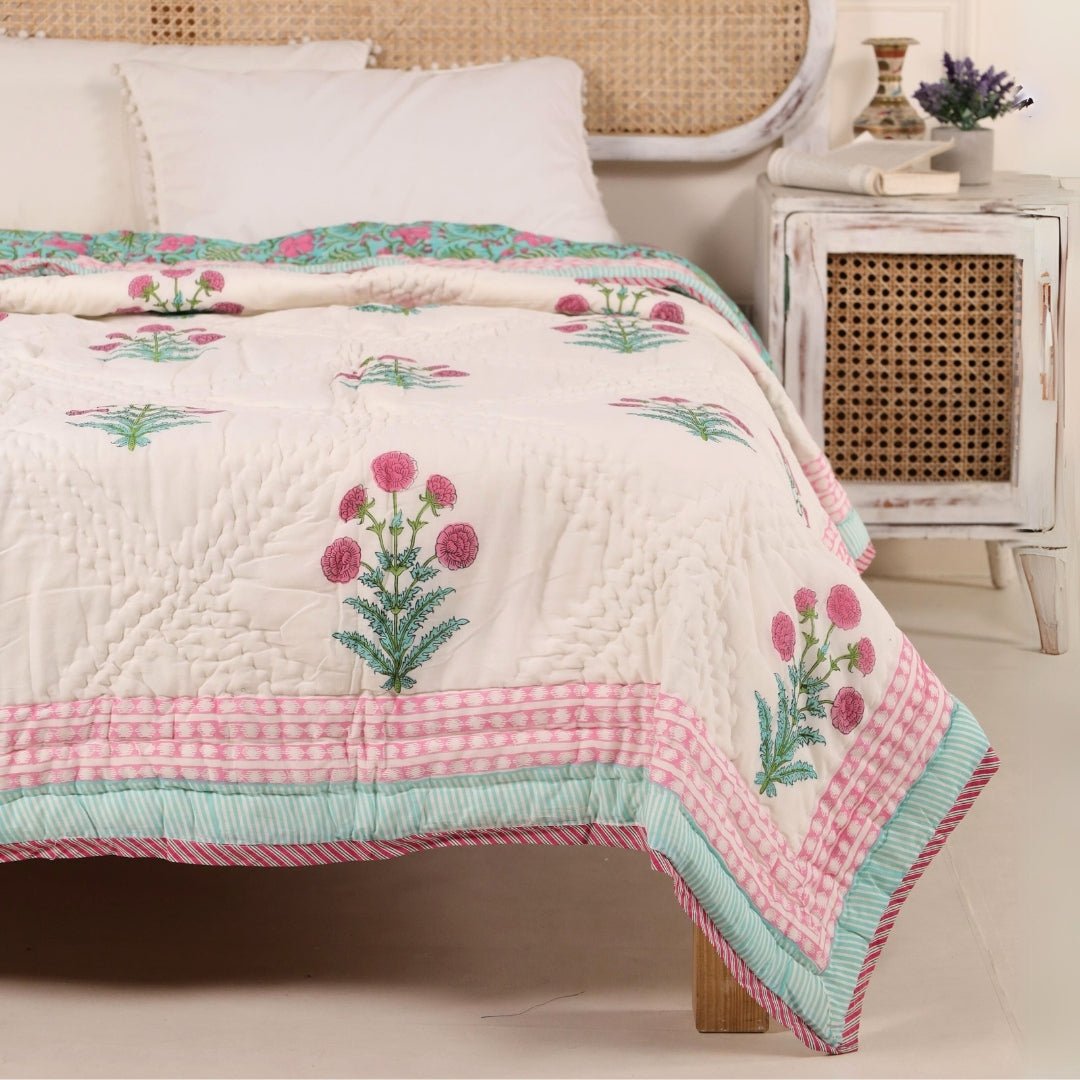 AC Comforter for Single Bed in 100% Cotton Mulmul Handprinted in Turquoise and Pink| Lightweight Soft and Breathable AC Blanket