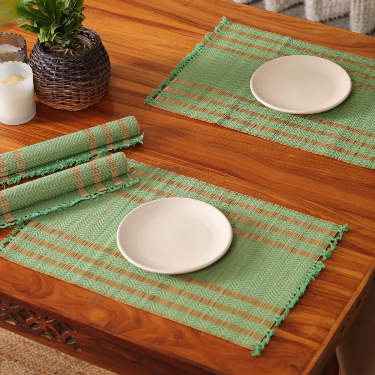 Cotton and Grass Table mats in Aqua Green and Beige | Set of 4 and 6