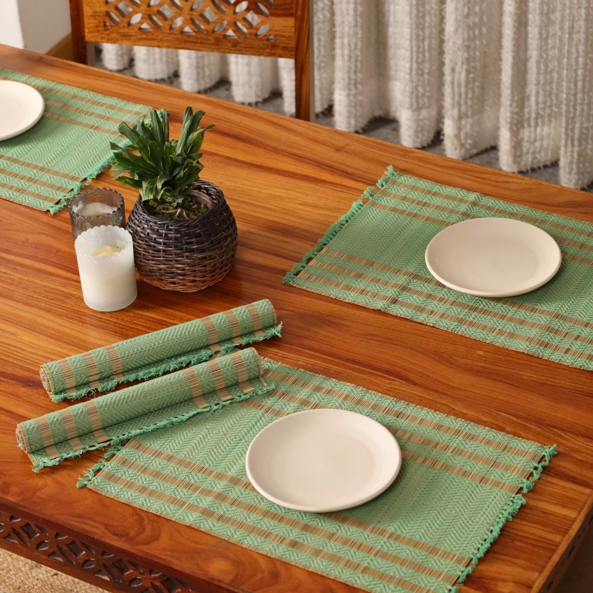 Cotton and Grass Table mats in Aqua Green and Beige | Set of 4 and 6