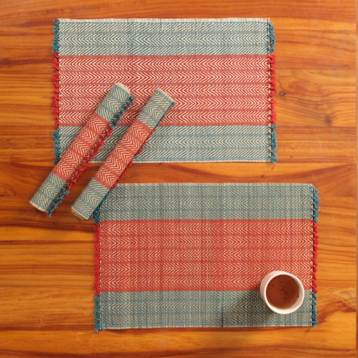 Cotton and Grass Table mats in Crystal Teal and Red | Set of 4 and 6