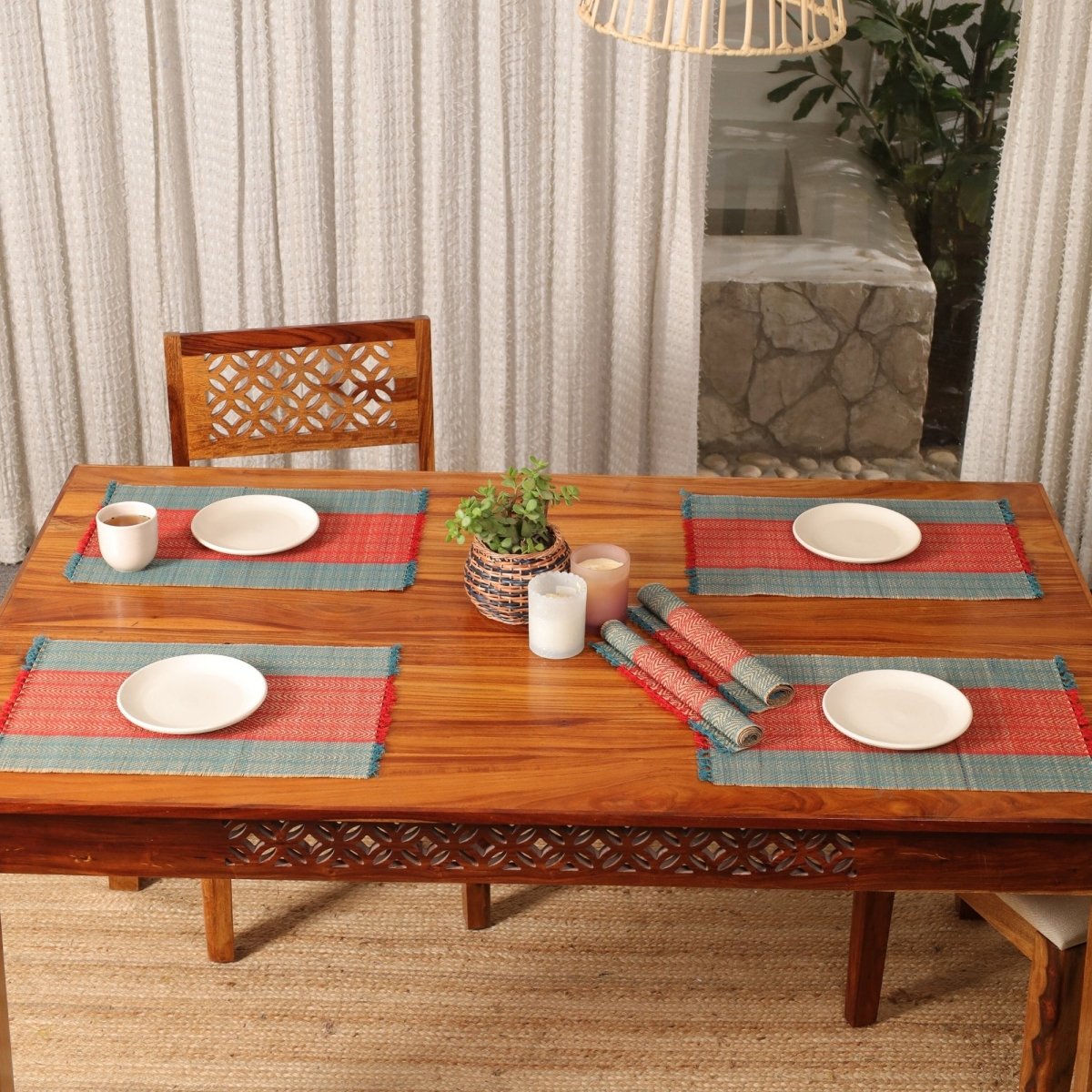 Cotton and Grass Table mats in Crystal Teal and Red | Set of 4 and 6