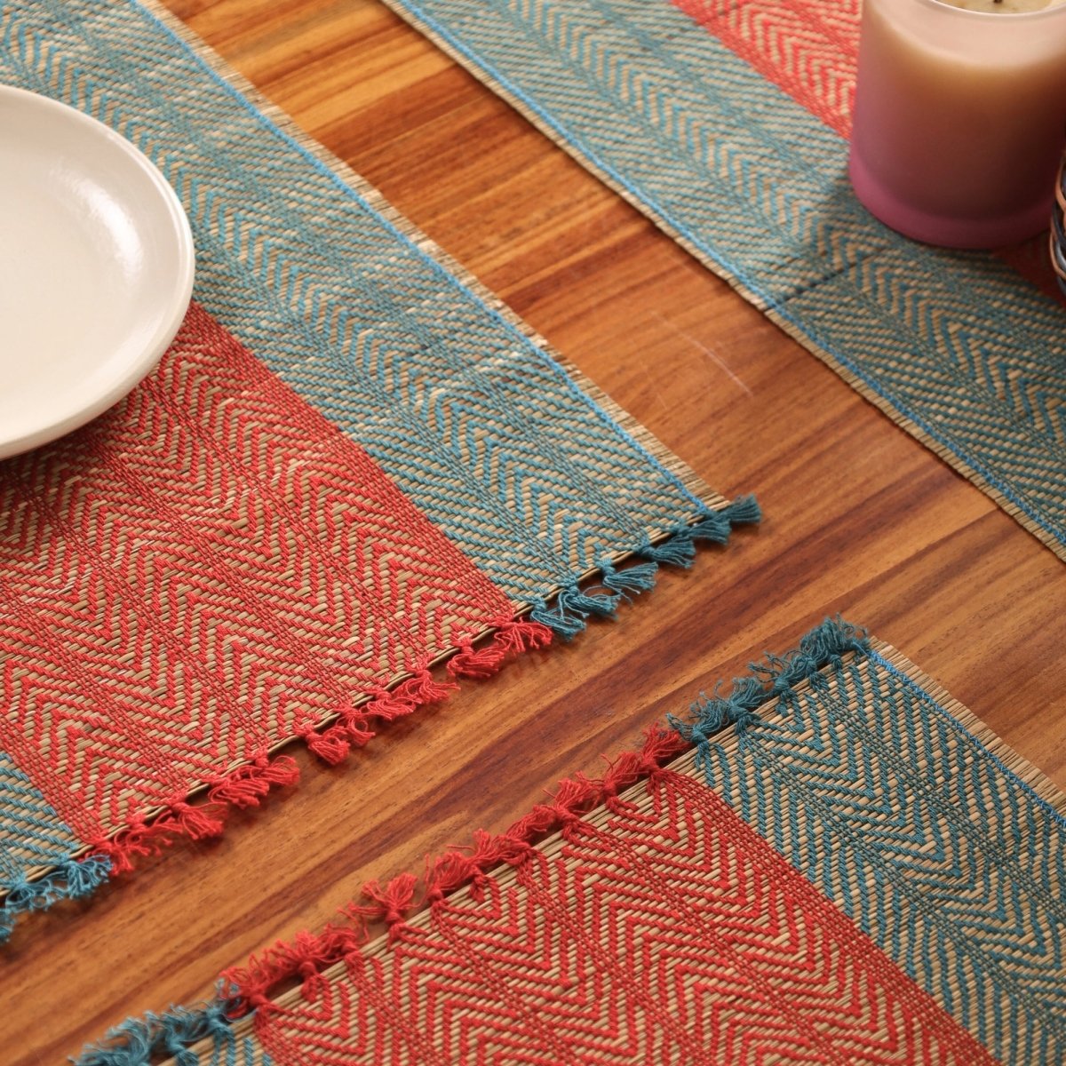 Cotton and Grass Table mats in Crystal Teal and Red | Set of 4 and 6