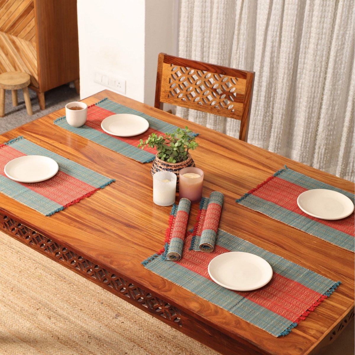 Cotton and Grass Table mats in Crystal Teal and Red | Set of 4 and 6