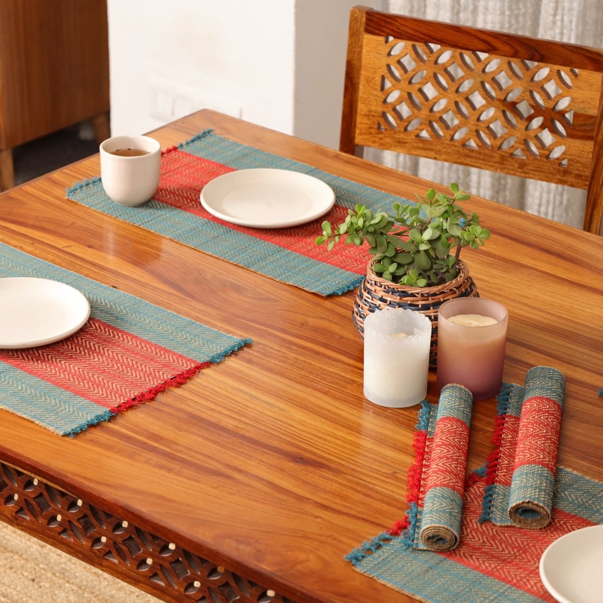 Cotton and Grass Table mats in Crystal Teal and Red | Set of 4 and 6