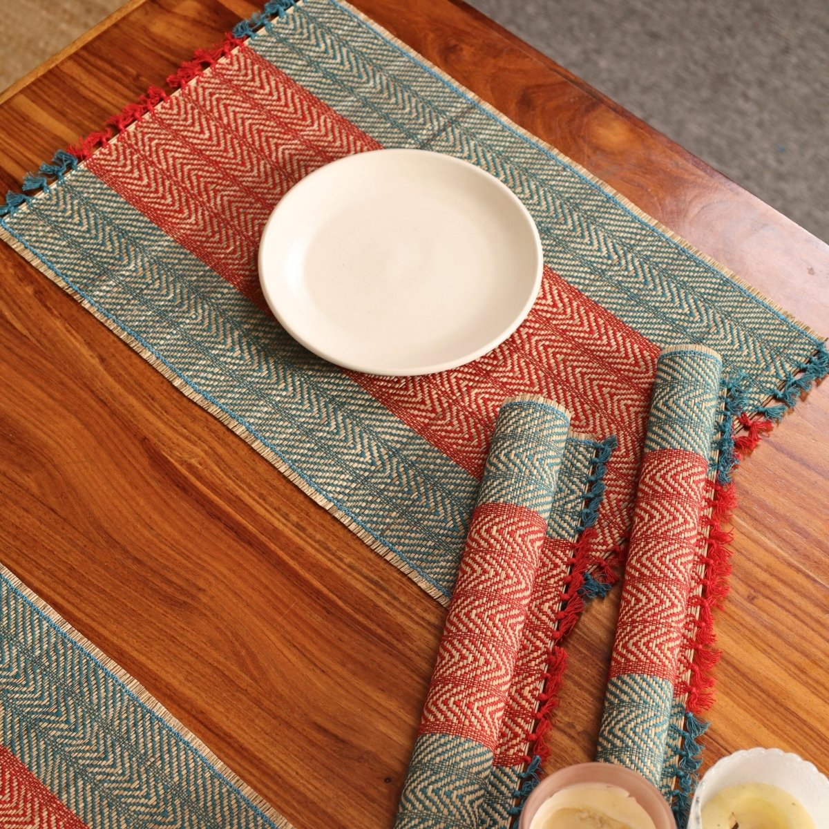 Cotton and Grass Table mats in Crystal Teal and Red | Set of 4 and 6