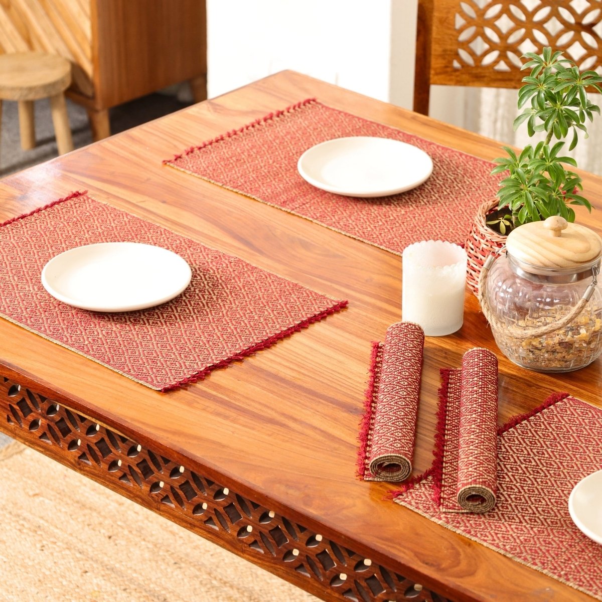 Cotton and Grass Table mats in Maroon | Set of 4 and 6