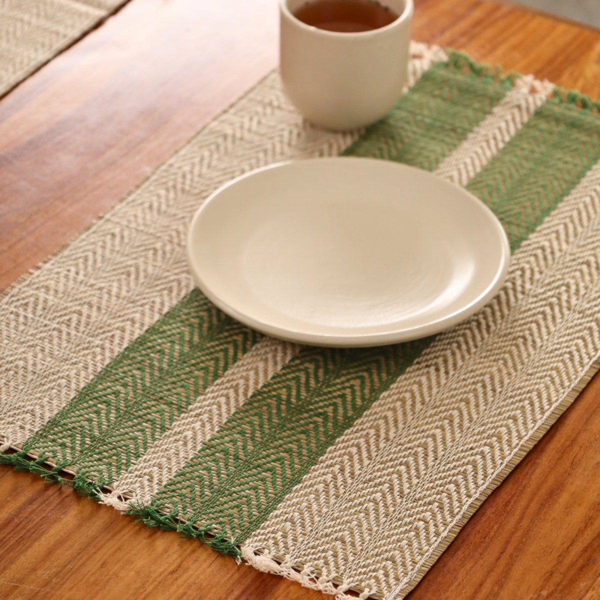 Cotton and Grass Table mats in Olive Green and Off White | Set of 4 and 6