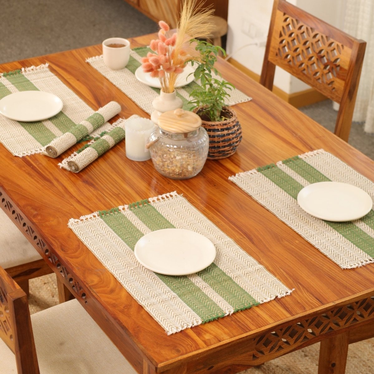 Cotton and Grass Table mats in Olive Green and Off White | Set of 4 and 6