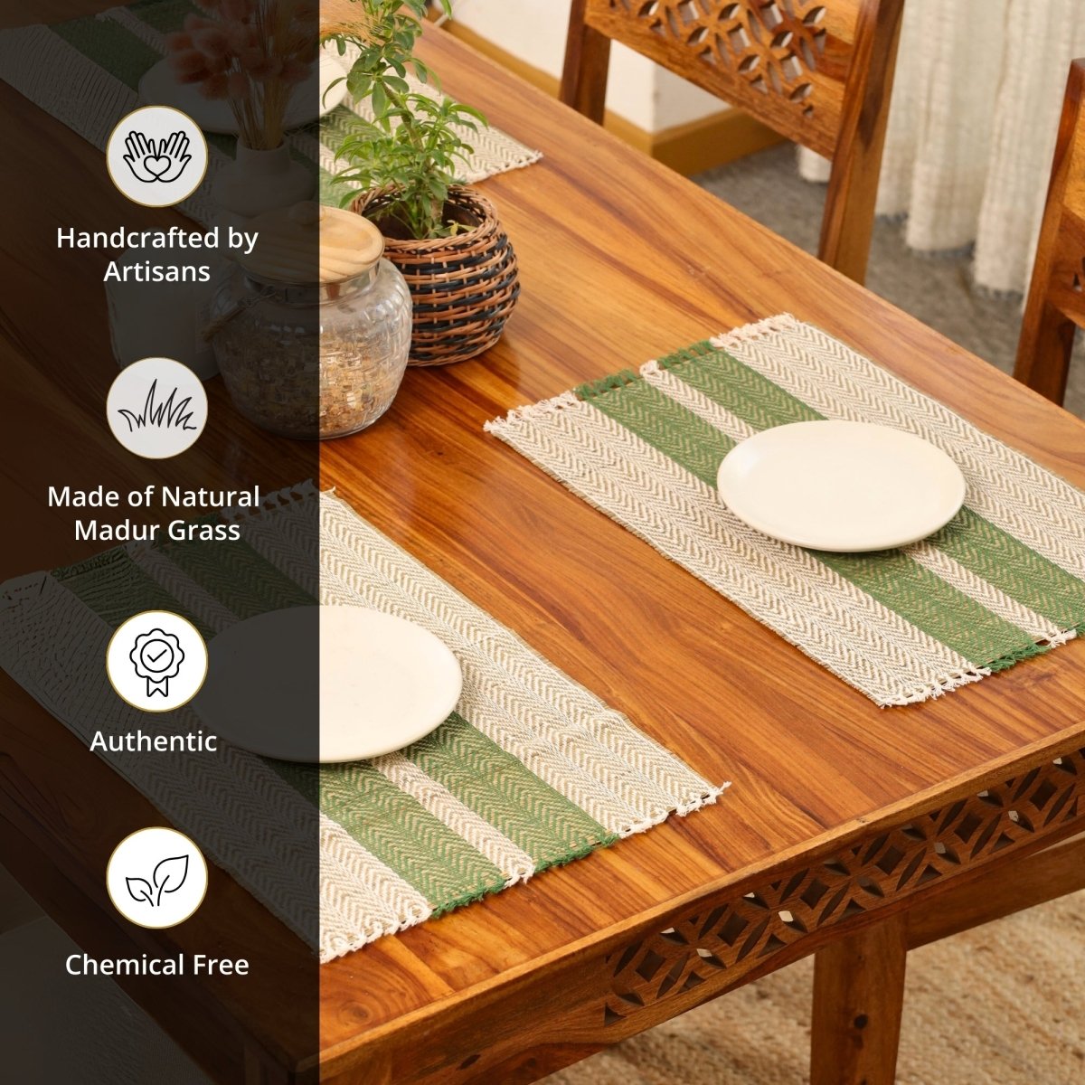 Cotton and Grass Table mats in Olive Green and Off White | Set of 4 and 6