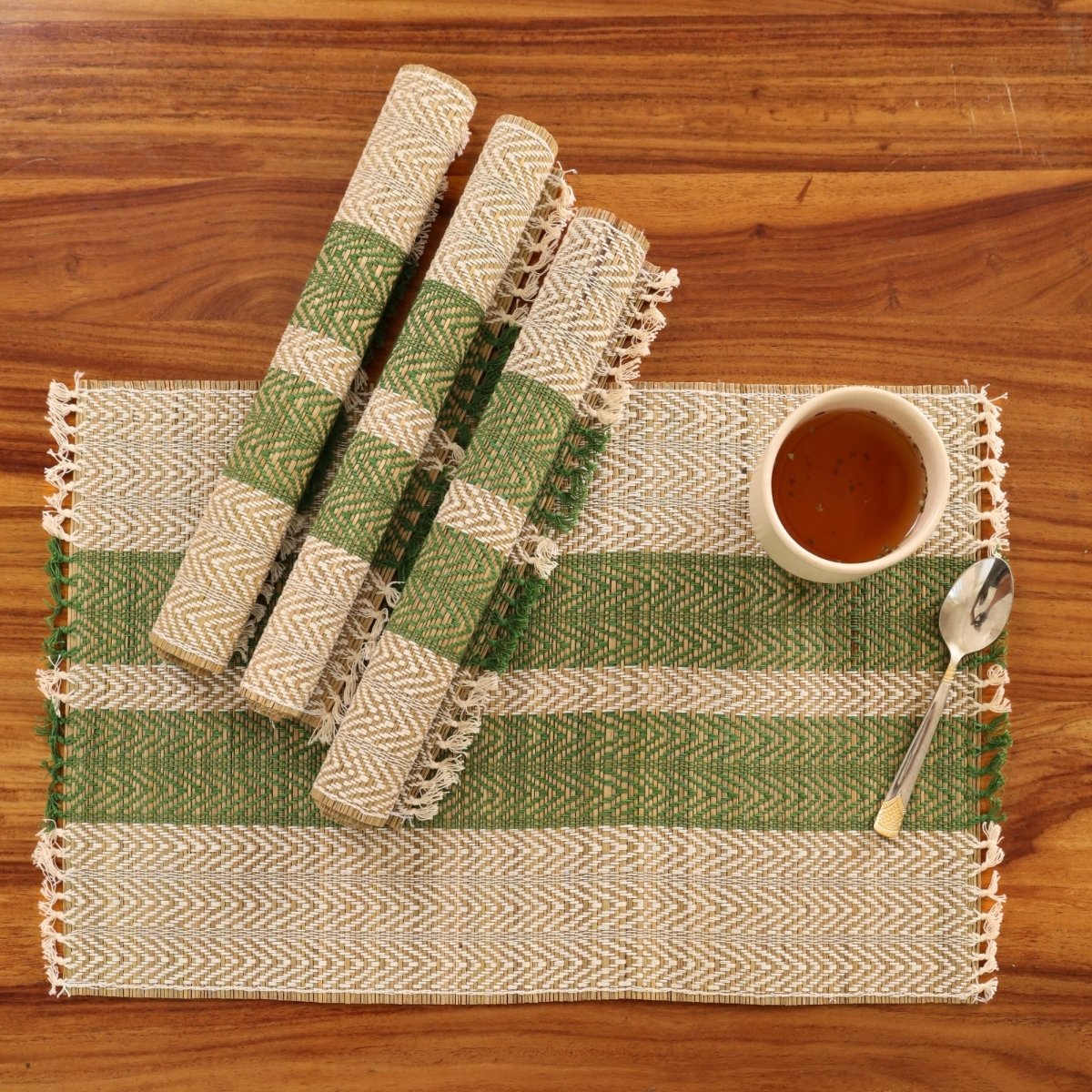 Cotton and Grass Table mats in Olive Green and Off White | Set of 4 and 6