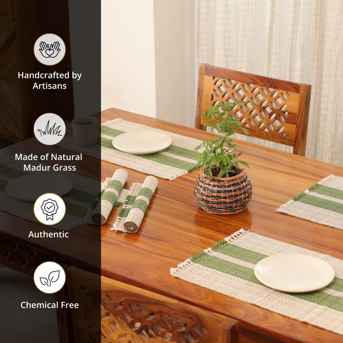 Cotton and Grass Table mats in Olive Green and Off White | Set of 4 and 6