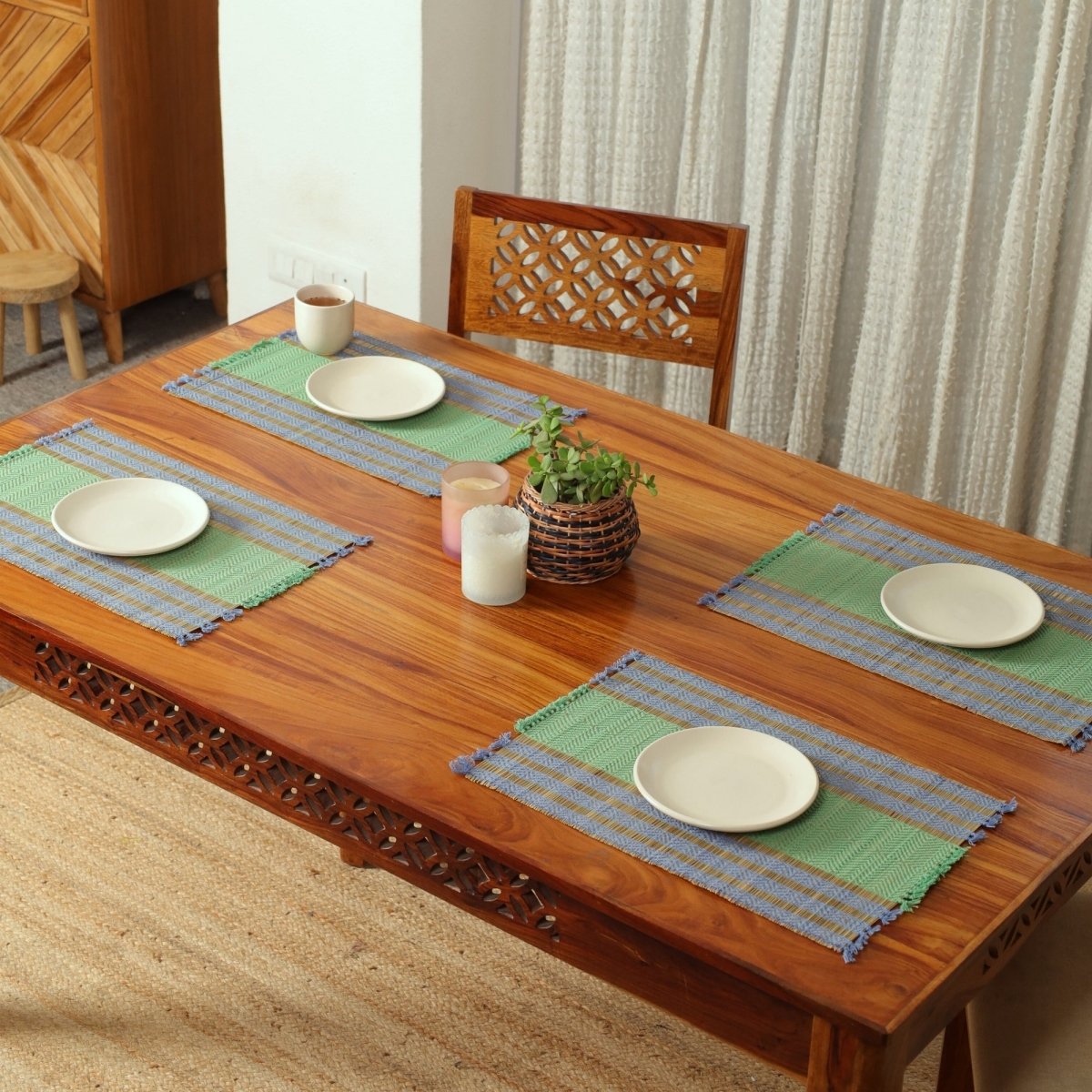 Cotton and Grass Table mats in Powder Blue and Aqua Green | Set of 4 and 6