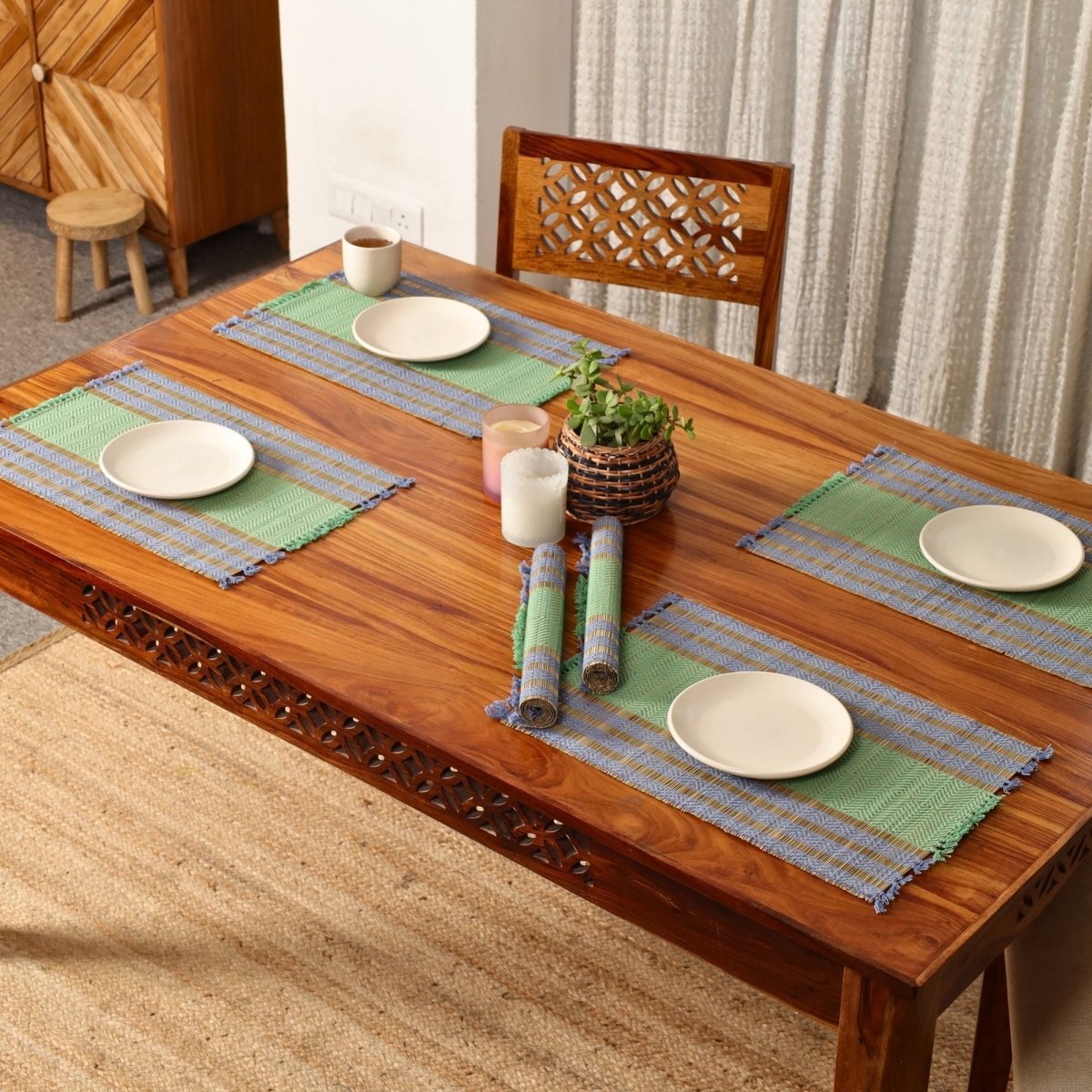 Cotton and Grass Table mats in Powder Blue and Aqua Green | Set of 4 and 6