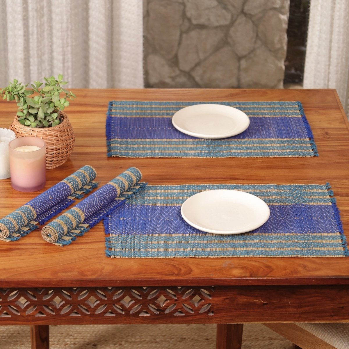 Cotton and Grass Table mats in Teal and Cobalt Blue | Set of 4 and 6