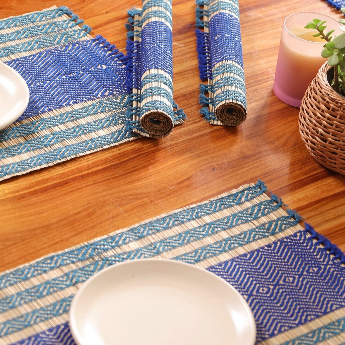 Cotton and Grass Table mats in Teal and Cobalt Blue | Set of 4 and 6