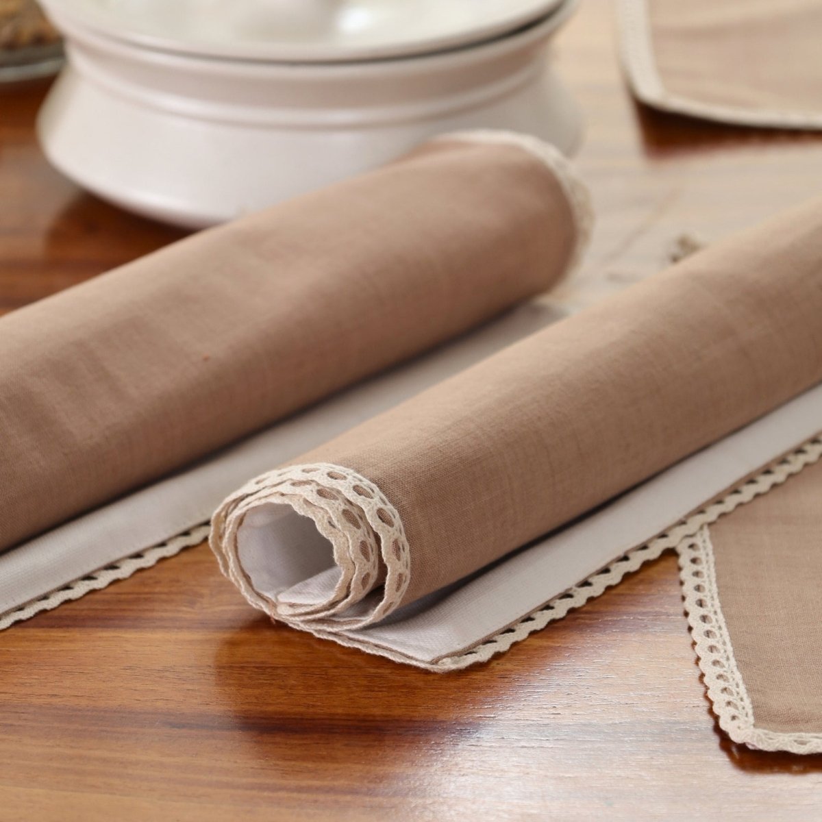 Table Mats in Crochet and Pure Cotton and Taupe and Off White 12 x 18 inches