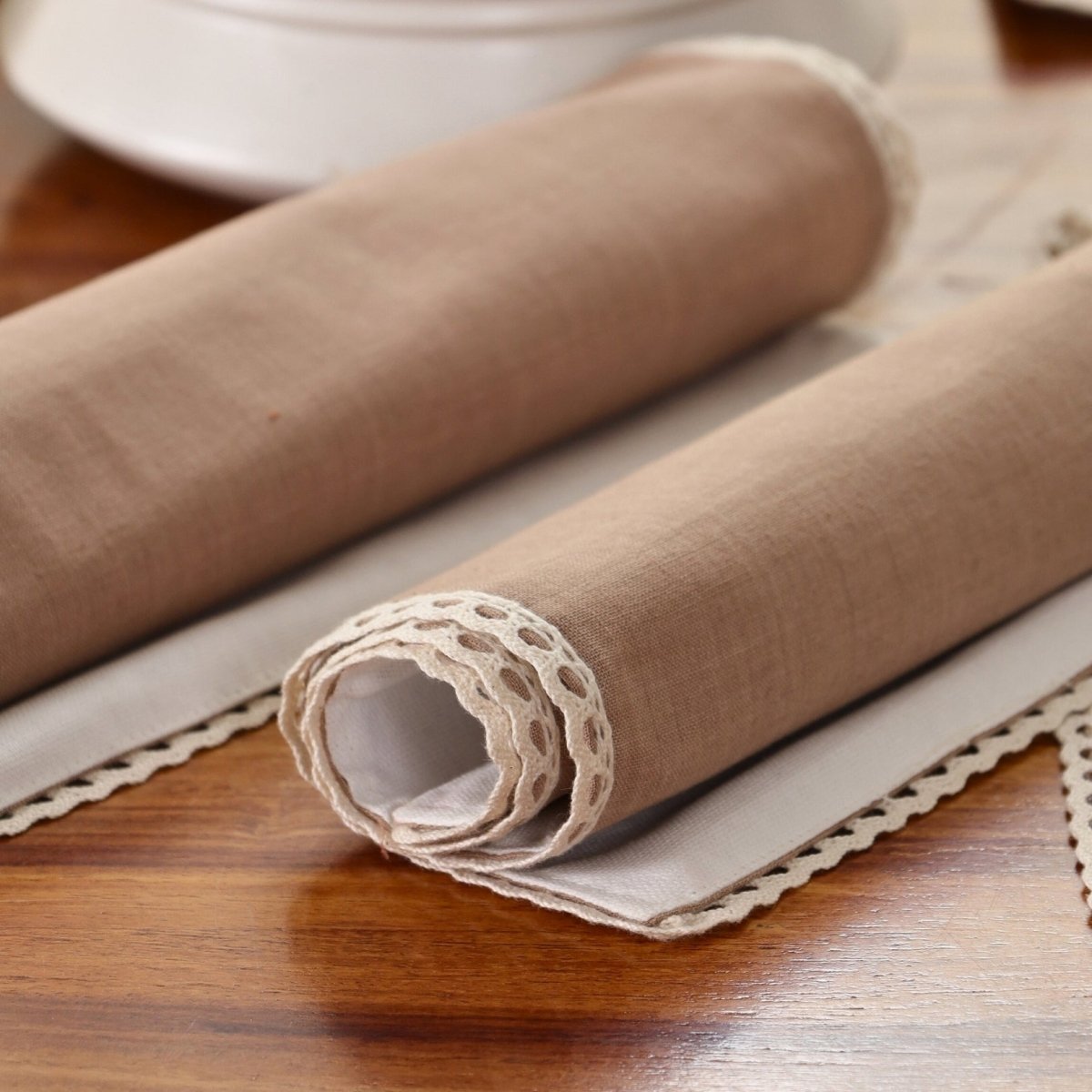 Table Mats in Crochet and Pure Cotton and Taupe and Off White 12 x 18 inches