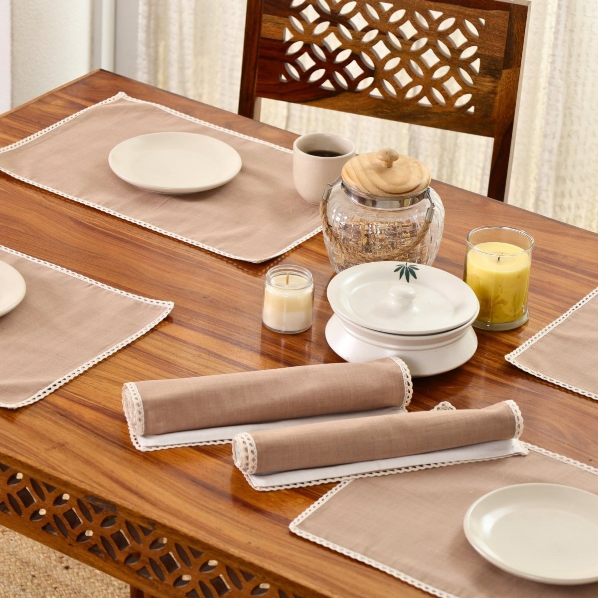 Table Mats in Crochet and Pure Cotton and Taupe and Off White 12 x 18 inches