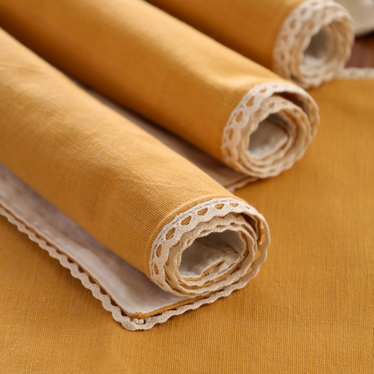 Table Mats in Pure Cotton and Crochet Mustard and Off White 12 x 18 inches