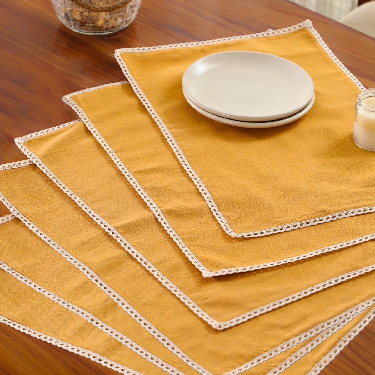 Table Mats in Pure Cotton and Crochet Mustard and Off White 12 x 18 inches