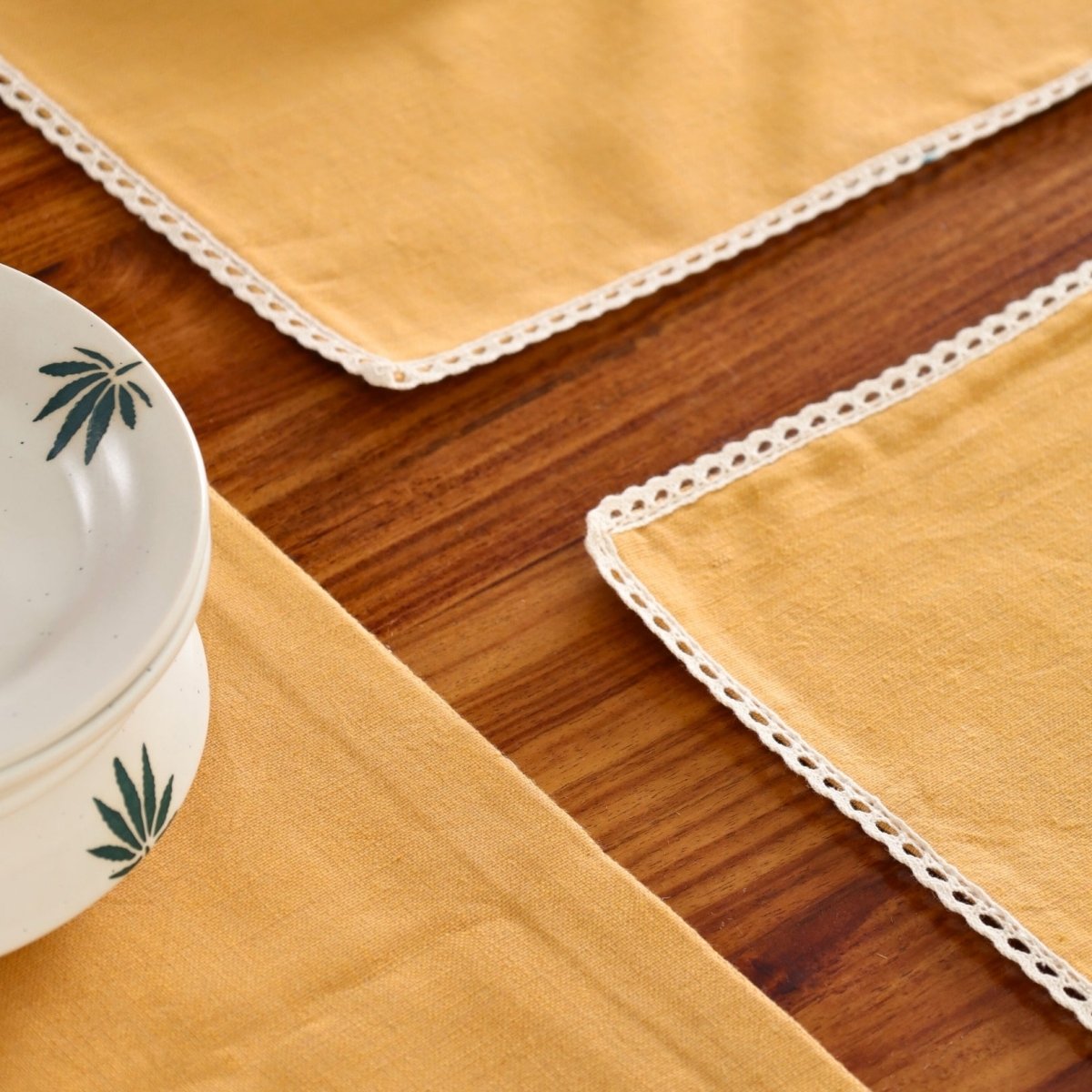 Table Mats in Pure Cotton and Crochet Mustard and Off White 12 x 18 inches