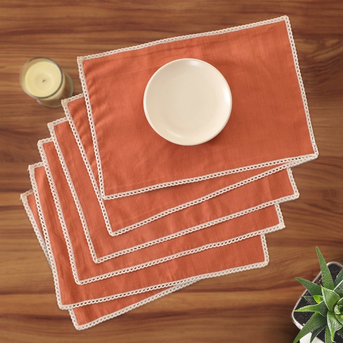 Table Mats in Pure Cotton and Crochet Rust and Off White 12 x 18 inches