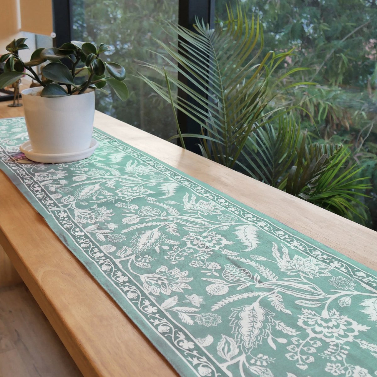 Cotton Canvas Dining Table Runner in Aqua Green | 4 and 6 Seater
