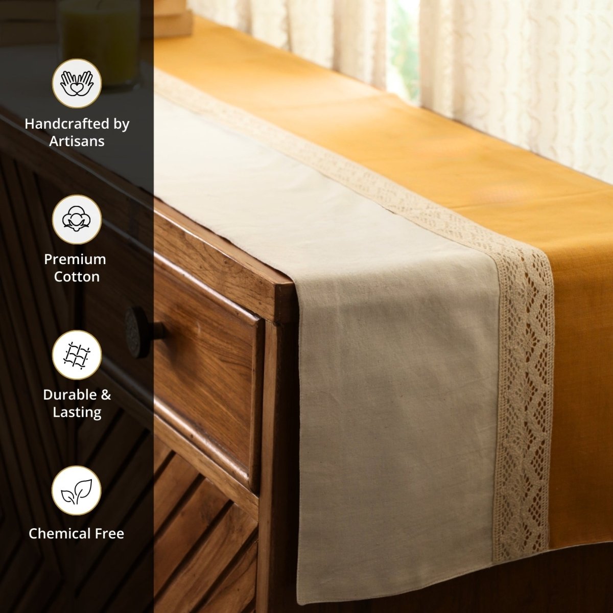 Crochet Pure Cotton Dining Table Runner in Mustard and Off White | 4 Seater