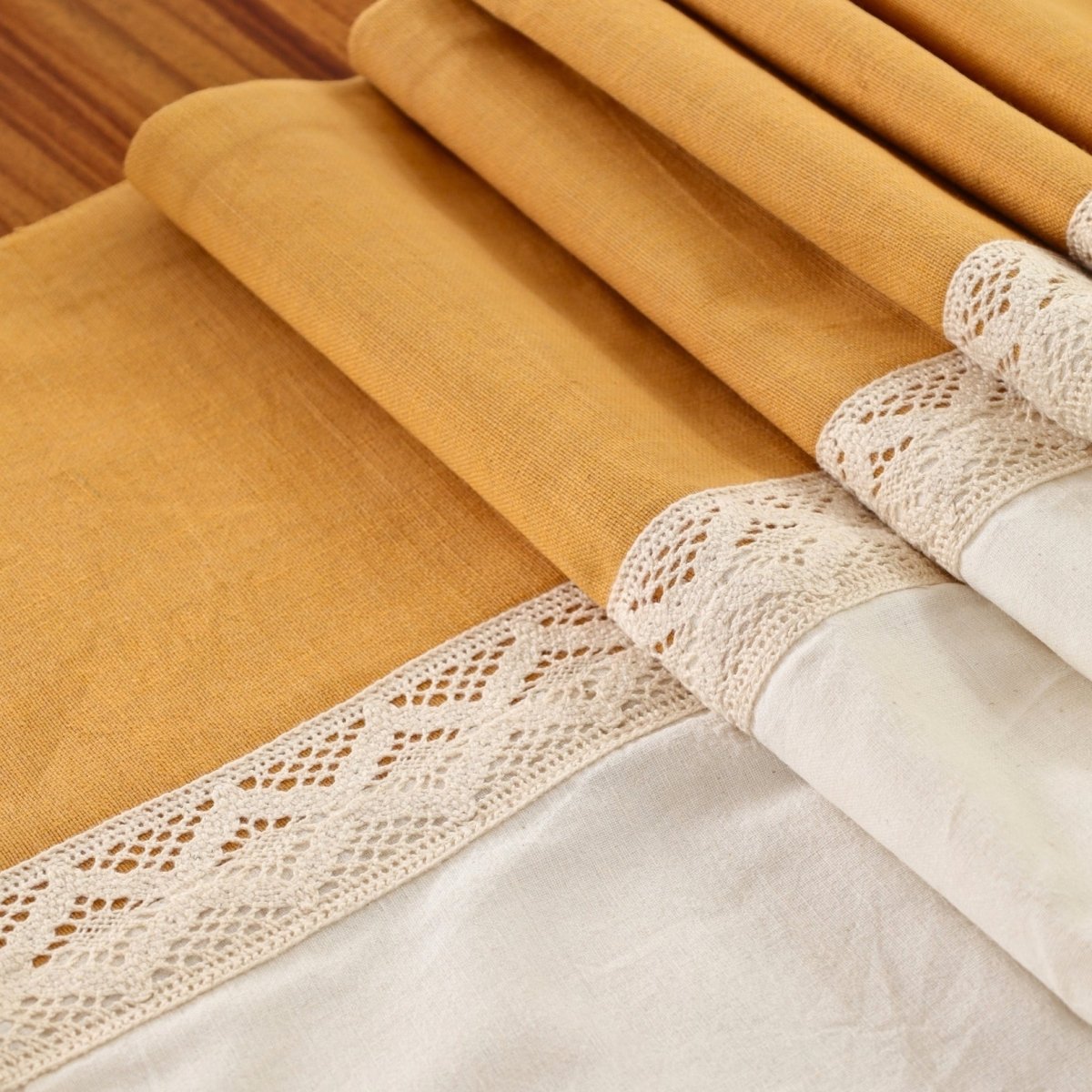 Crochet Pure Cotton Dining Table Runner in Mustard and Off White | 4 Seater