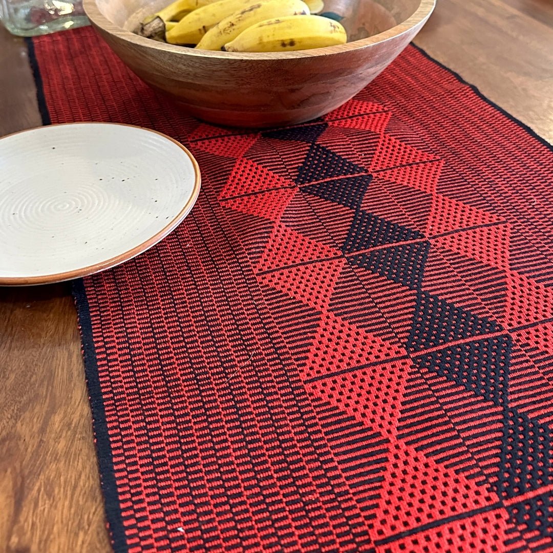 Table Runner In Red & Black With Arrowhead Pattern | Eco Friendly Sustainable Embroidered Tableware | Handmade In India - 14 inches x 72 inches / 100% mercerised cotton & Azo free dyes / Red & Black