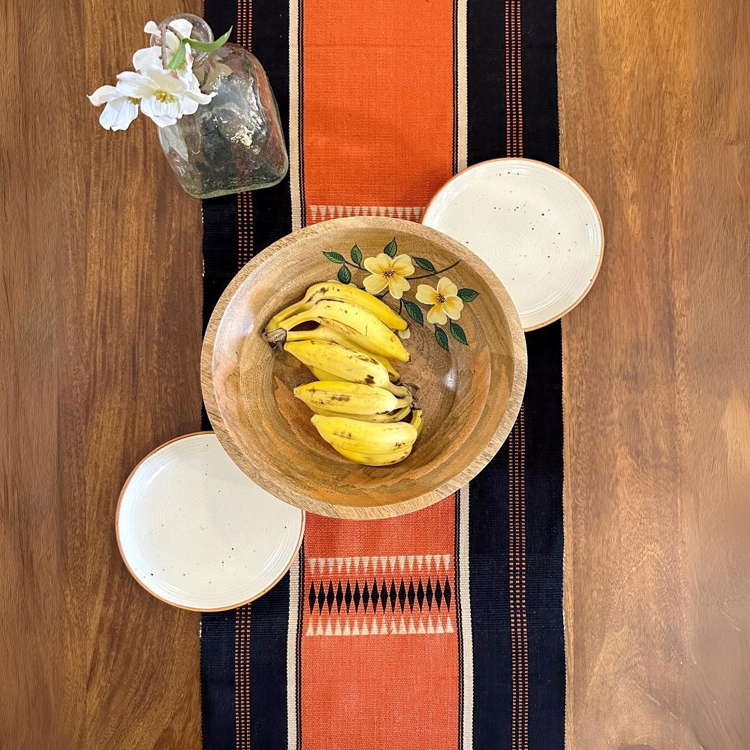 Table Runner In Rust & Black With Tangerine Striped Eco Friendly Sustainable Embroidered Tableware Handmade In India