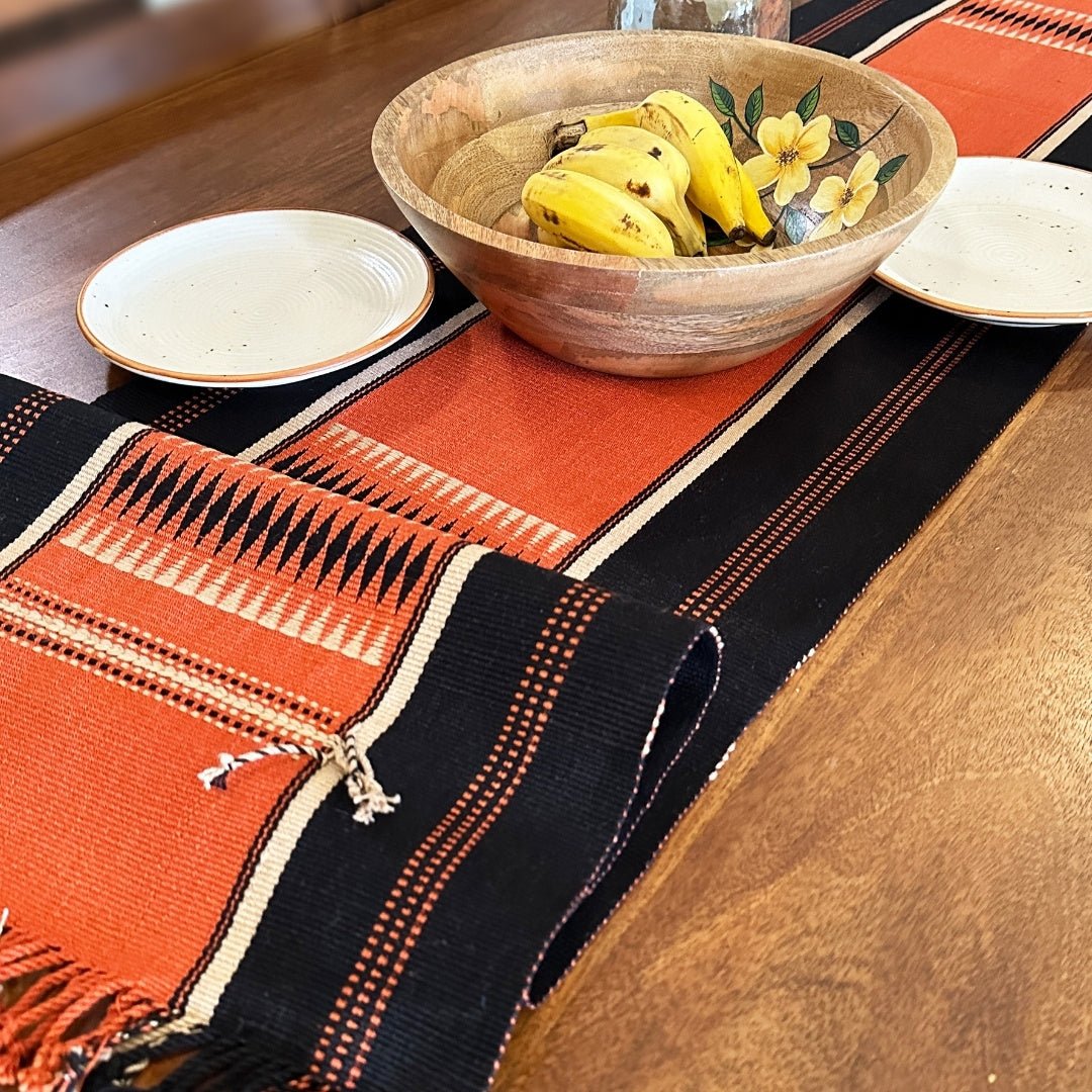 Table Runner In Rust & Black With Tangerine Striped Eco Friendly Sustainable Embroidered Tableware Handmade In India