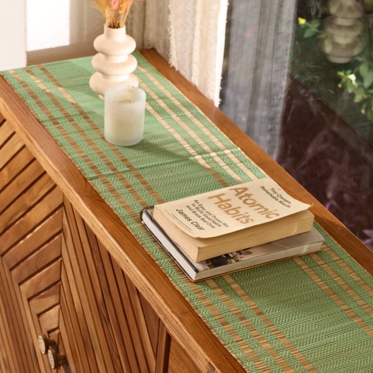Cotton and Grass Table runner in Aqua Green and Beige | 4 and 6 Seater