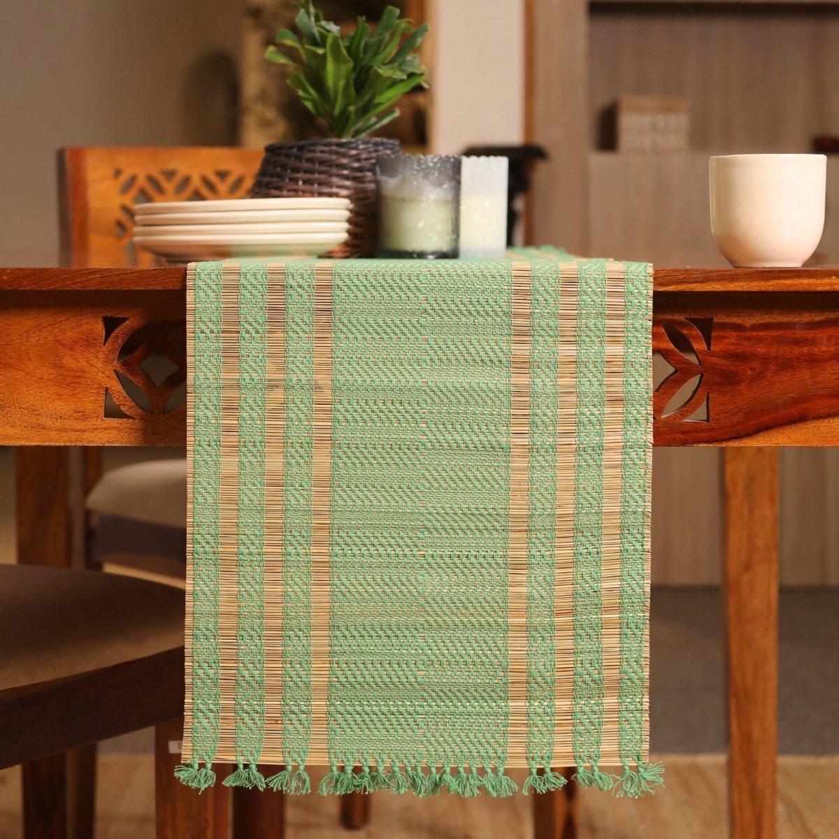 Cotton and Grass Table runner in Aqua Green and Beige | 4 and 6 Seater