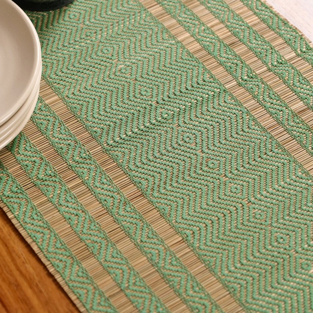 Cotton and Grass Table runner in Aqua Green and Beige | 4 and 6 Seater