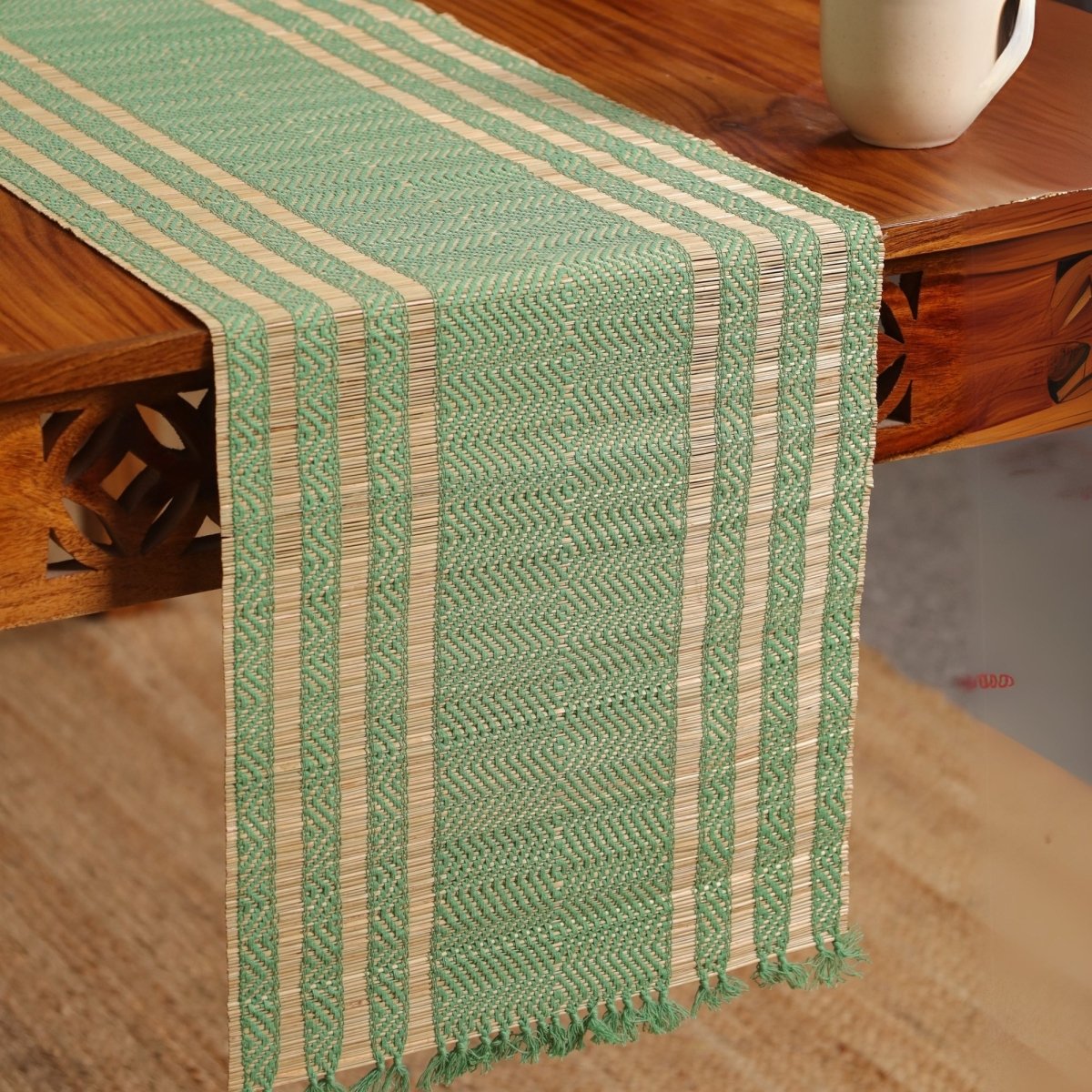 Cotton and Grass Table runner in Aqua Green and Beige | 4 and 6 Seater