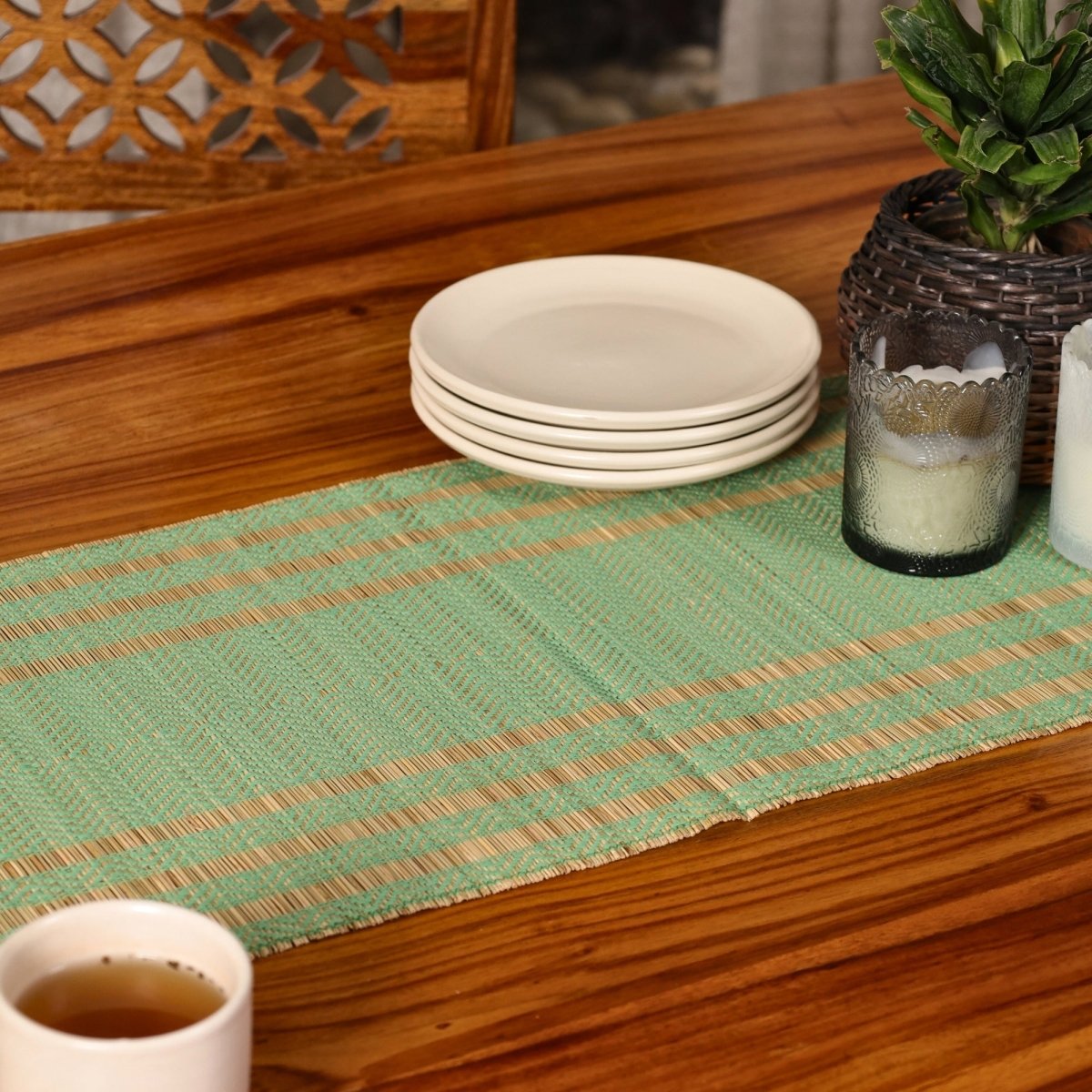 Cotton and Grass Table runner in Aqua Green and Beige | 4 and 6 Seater
