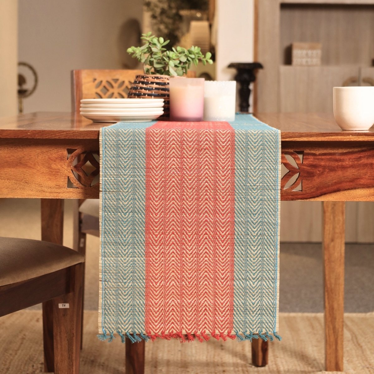 Cotton and Grass Table runner in Crystal Teal and Red | 4 and 6 Seater