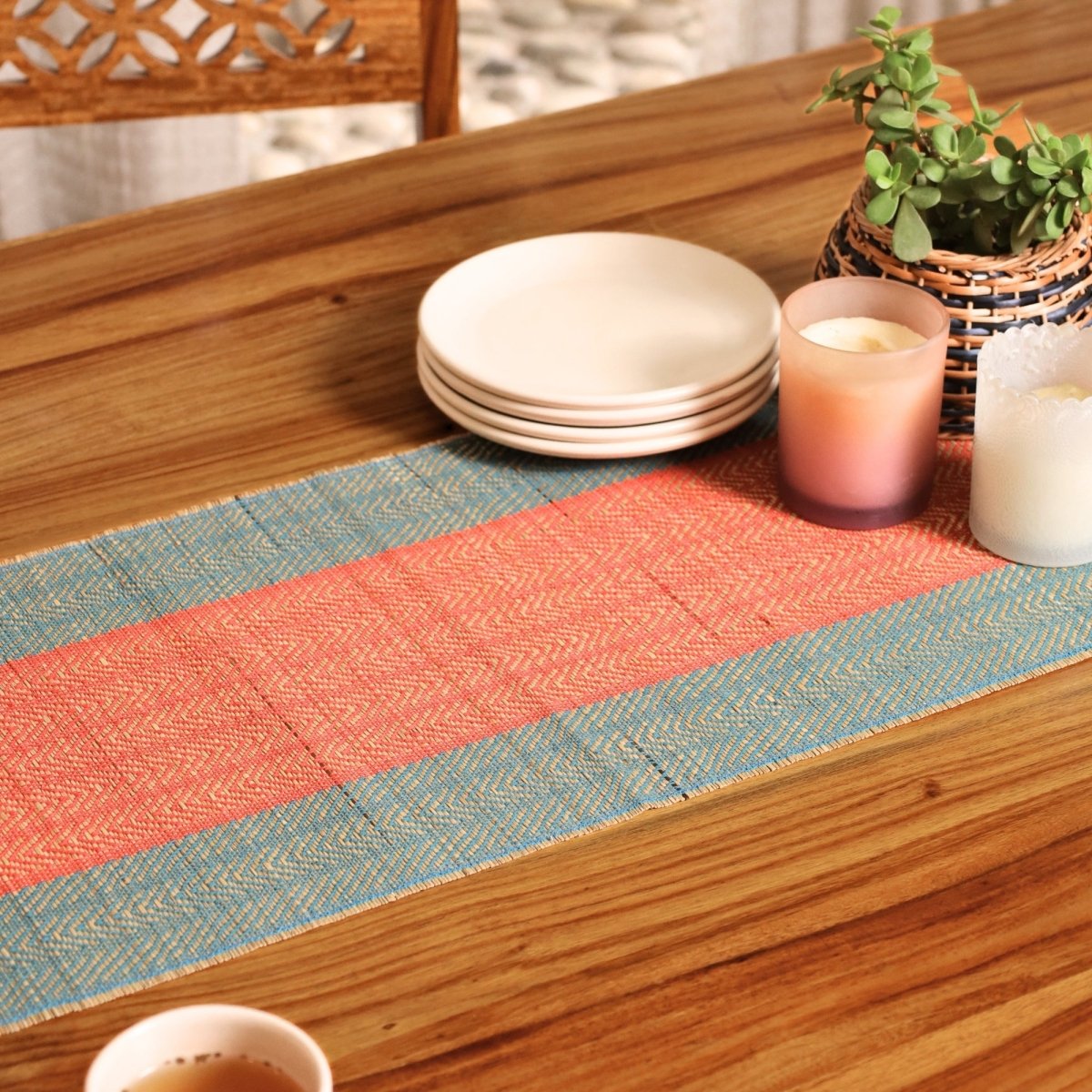 Cotton and Grass Table runner in Crystal Teal and Red | 4 and 6 Seater